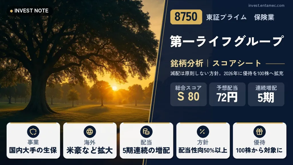 第一ライフグループ(旧 第一生命ホールディングス)（8750）銘柄分析｜配当・株主優待スコアシート【減配は原則しない方針。2026年に優待を100株へ拡充】
