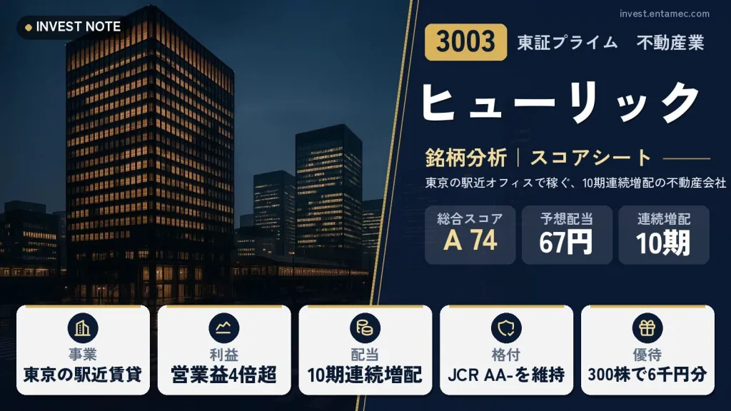 ヒューリック(3003)銘柄分析|配当・株主優待スコアシート【東京の駅近オフィスで稼ぐ、10期連続増配の不動産会社】