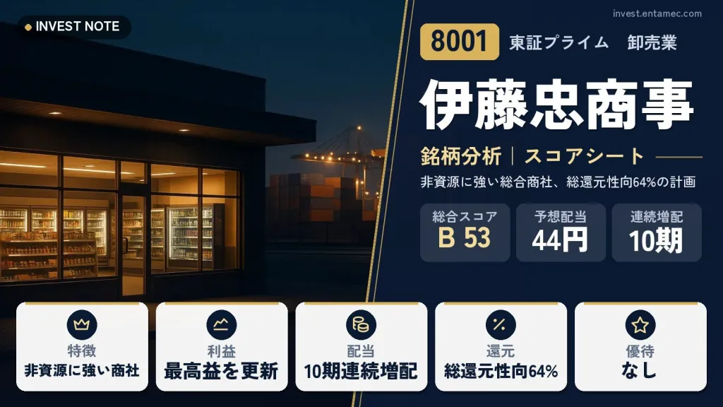 伊藤忠商事（8001）銘柄分析｜高配当株スコアシート【非資源に強い総合商社、総還元性向64%の計画】