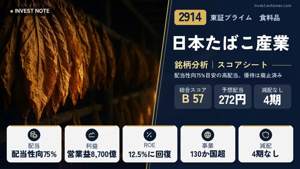 日本たばこ産業(JT)（2914）銘柄分析｜高配当株スコアシート【配当性向75%目安の高配当。優待は廃止済み】