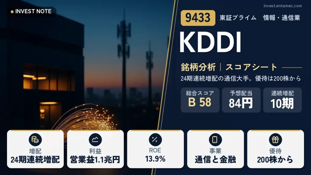 KDDI（9433）銘柄分析｜配当・株主優待スコアシート【24期連続増配の通信大手。優待は200株から】