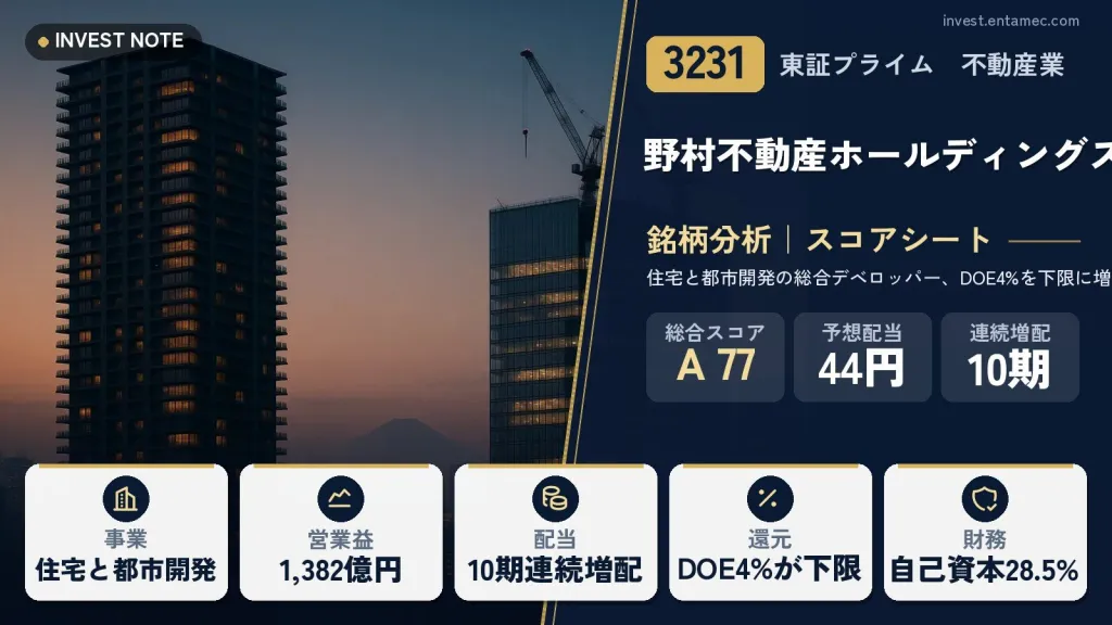 野村不動産ホールディングス（3231）銘柄分析｜高配当株スコアシート【住宅と都市開発の総合デベロッパー、DOE4%を下限に増配】
