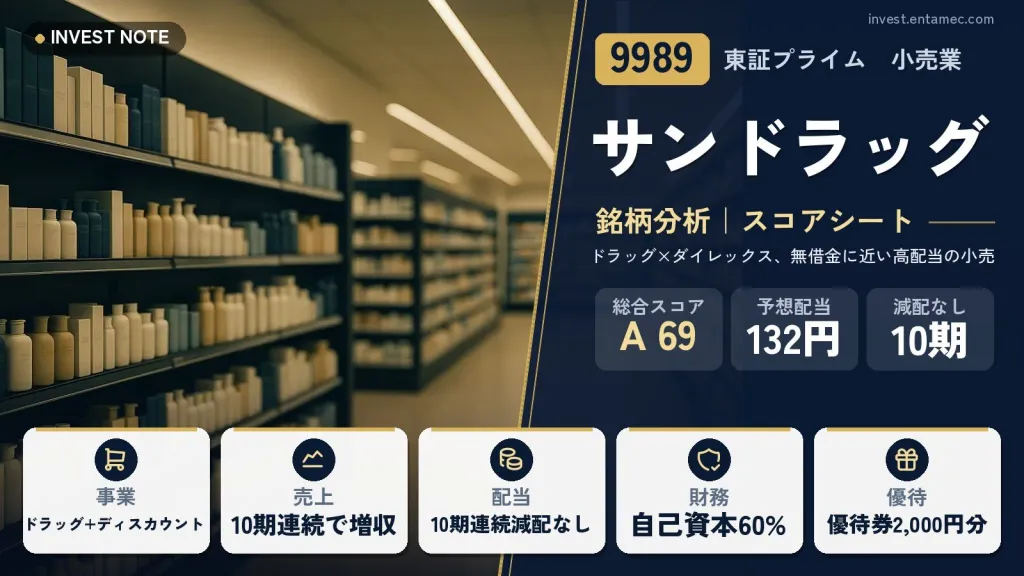 サンドラッグ（9989）銘柄分析｜配当・株主優待スコアシート【ドラッグ×ダイレックス、無借金に近い高配当の小売】