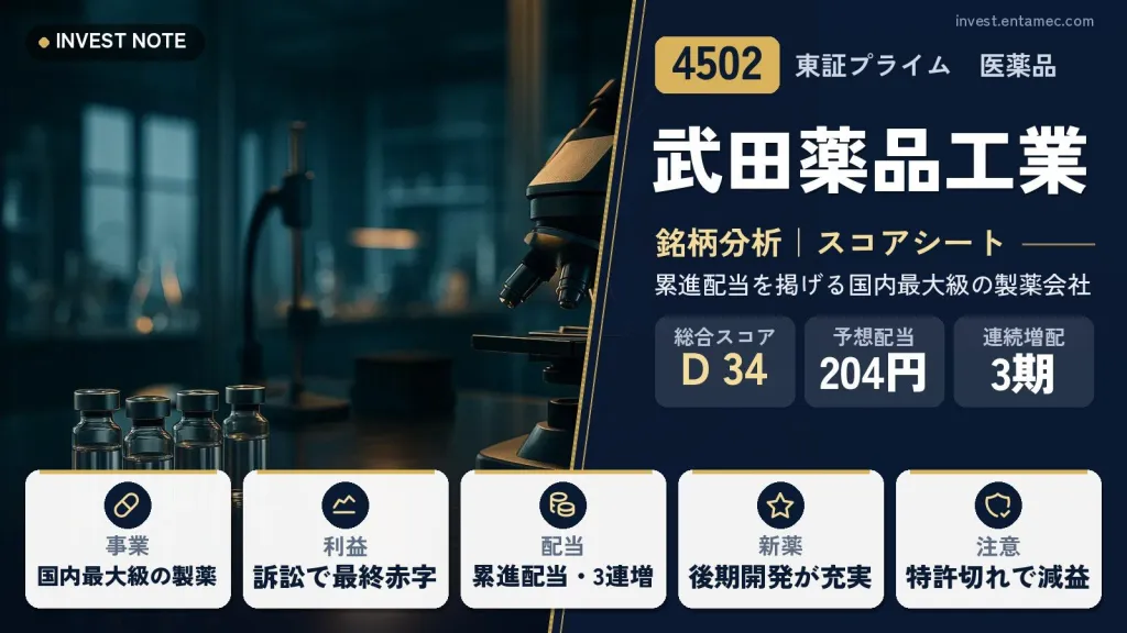武田薬品工業(4502)銘柄分析|高配当株スコアシート【累進配当を掲げる国内最大級の製薬会社】