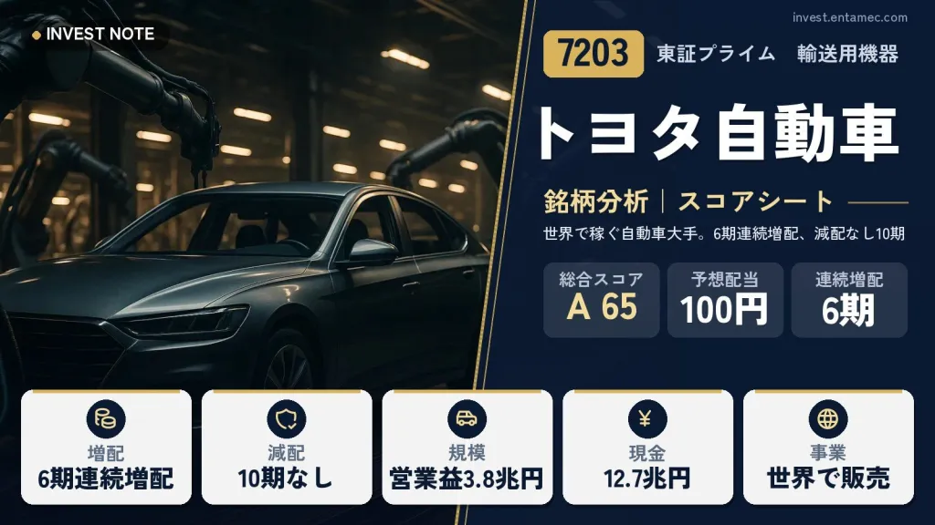 トヨタ自動車（7203）銘柄分析｜高配当株スコアシート【世界で稼ぐ自動車大手。6期連続増配、減配なし10期】